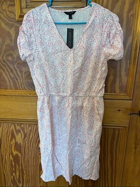 Banana Republic White Midi Dress with Pink Floral Print